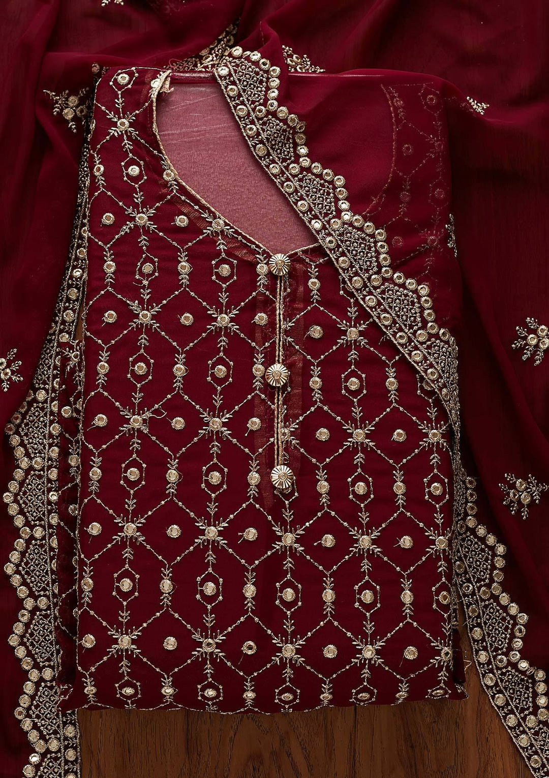 Wine Zariwork Georgette Designer Semi-Stitched Salwar Suit - Koskii