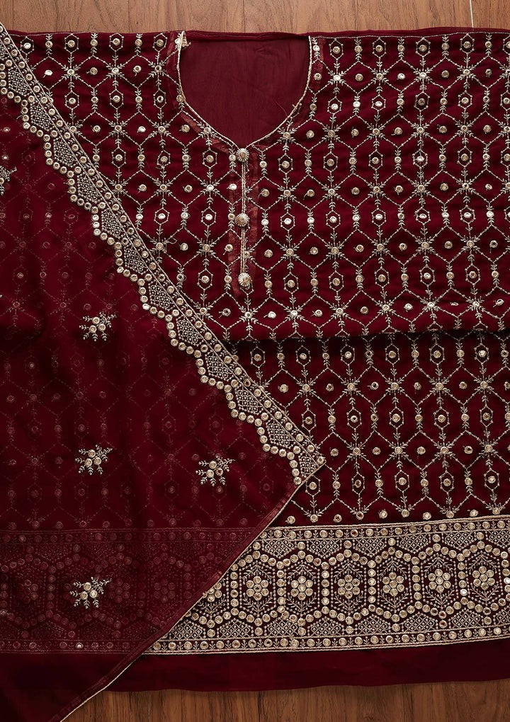 Wine Zariwork Georgette Designer Semi-Stitched Salwar Suit - Koskii