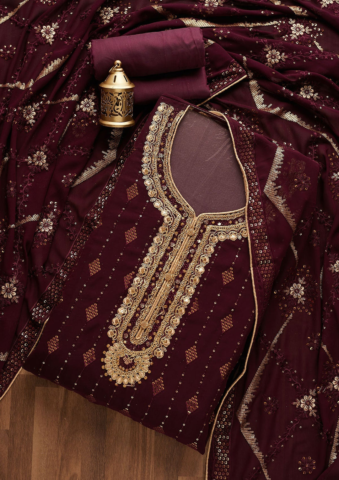 Wine Zariwork Georgette Designer Semi-Stitched Salwar Suit - Koskii