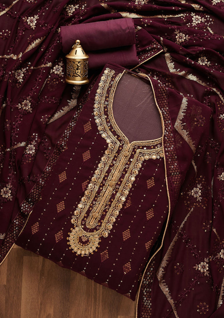 Wine Zariwork Georgette Designer Semi-Stitched Salwar Suit - Koskii