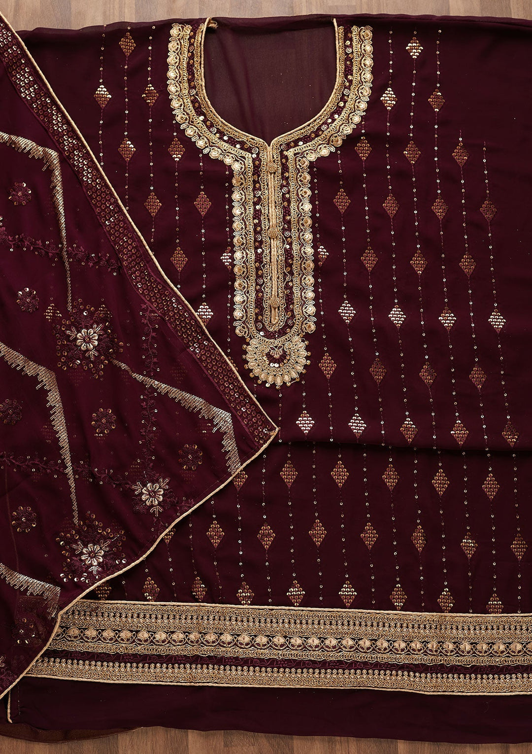 Wine Zariwork Georgette Designer Semi-Stitched Salwar Suit - Koskii