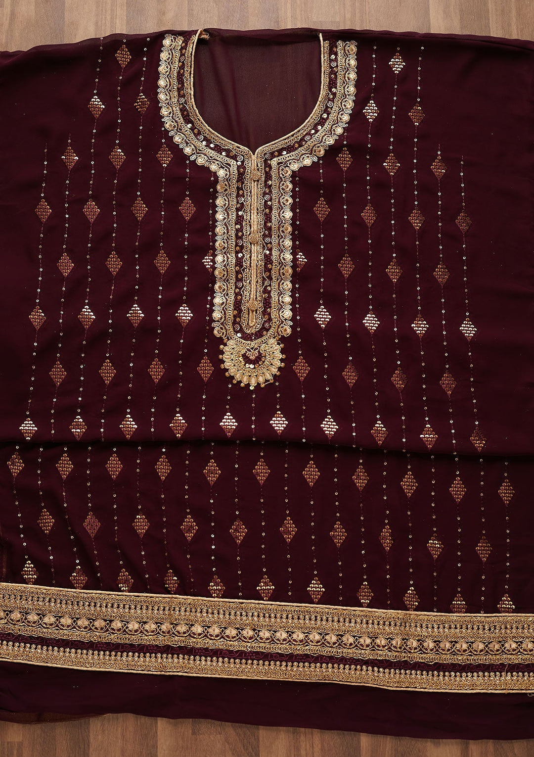 Wine Zariwork Georgette Designer Semi-Stitched Salwar Suit - Koskii