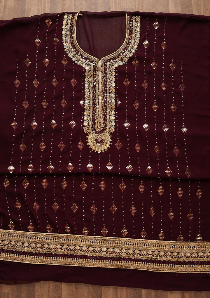 Wine Zariwork Georgette Designer Semi-Stitched Salwar Suit - Koskii