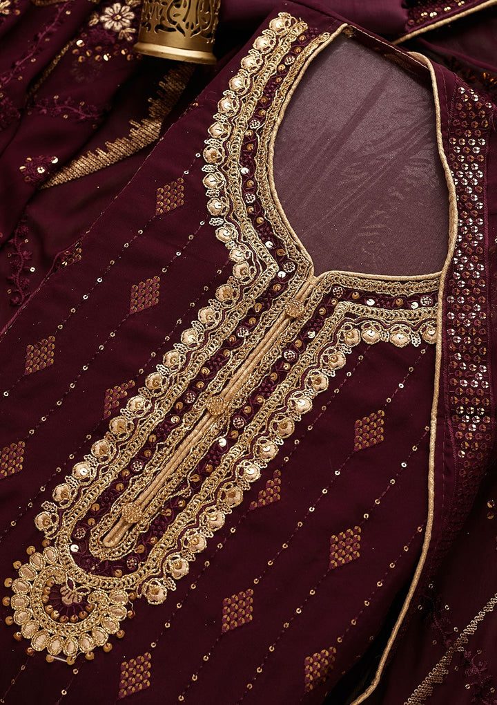 Wine Zariwork Georgette Designer Semi-Stitched Salwar Suit - Koskii
