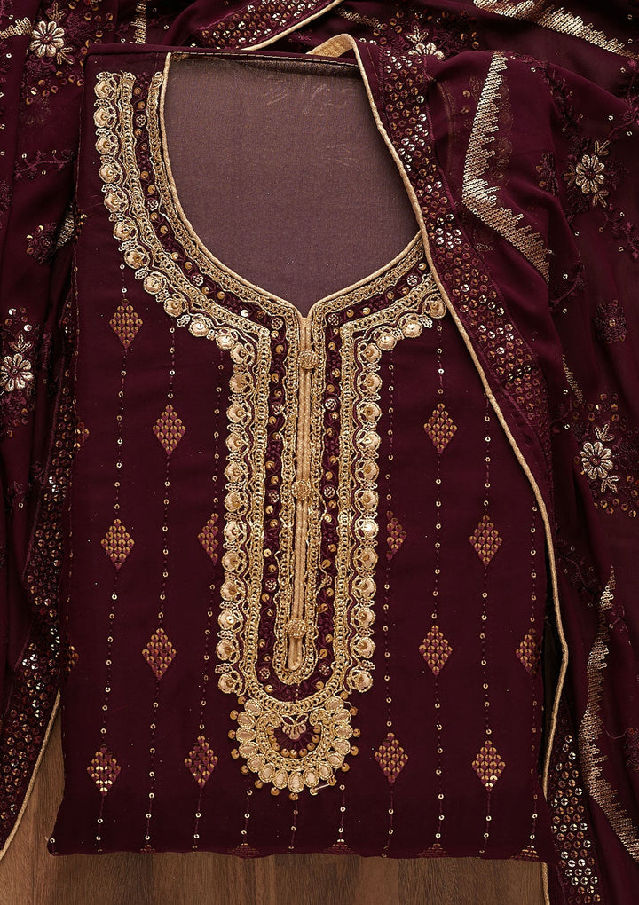 Wine Zariwork Georgette Designer Semi-Stitched Salwar Suit - Koskii