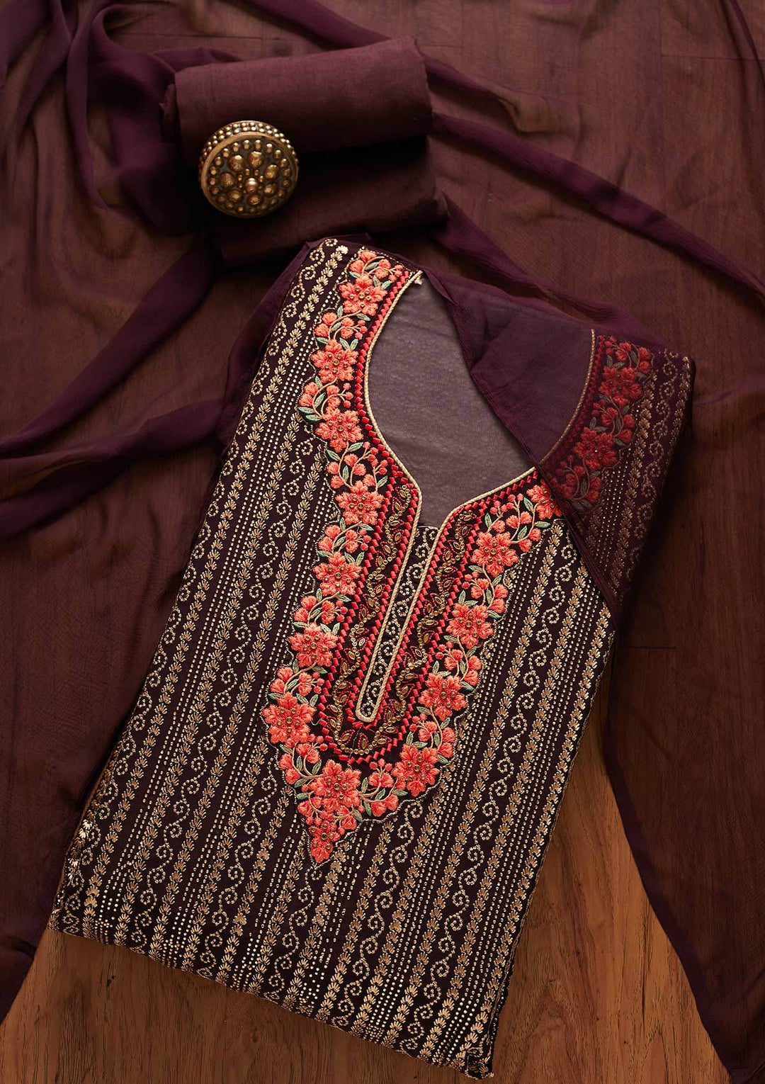 Wine Zariwork Georgette Designer Unstitched Salwar Suit - koskii