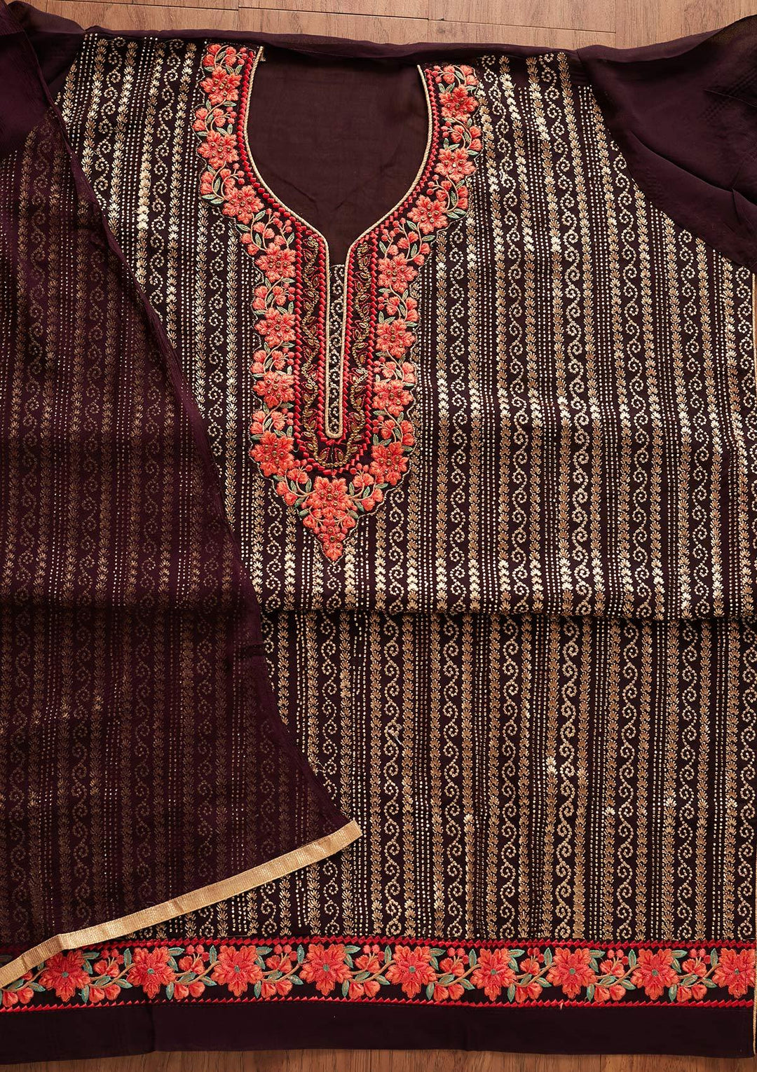 Wine Zariwork Georgette Designer Unstitched Salwar Suit - koskii