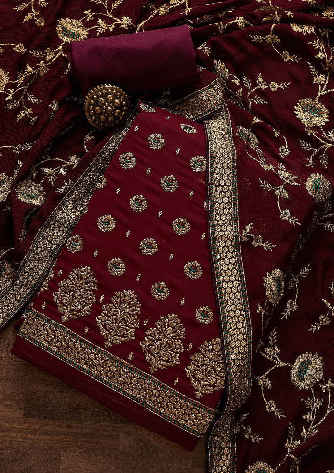 Wine Zariwork Georgette Designer Unstitched Salwar Suit - Koskii