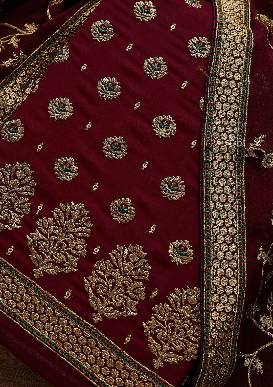 Wine Zariwork Georgette Designer Unstitched Salwar Suit - Koskii