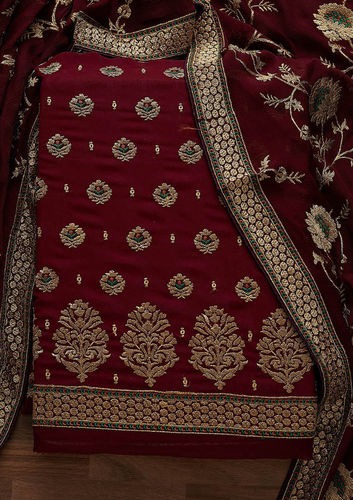 Wine Zariwork Georgette Designer Unstitched Salwar Suit - Koskii