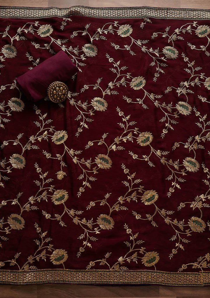 Wine Zariwork Georgette Designer Unstitched Salwar Suit - Koskii