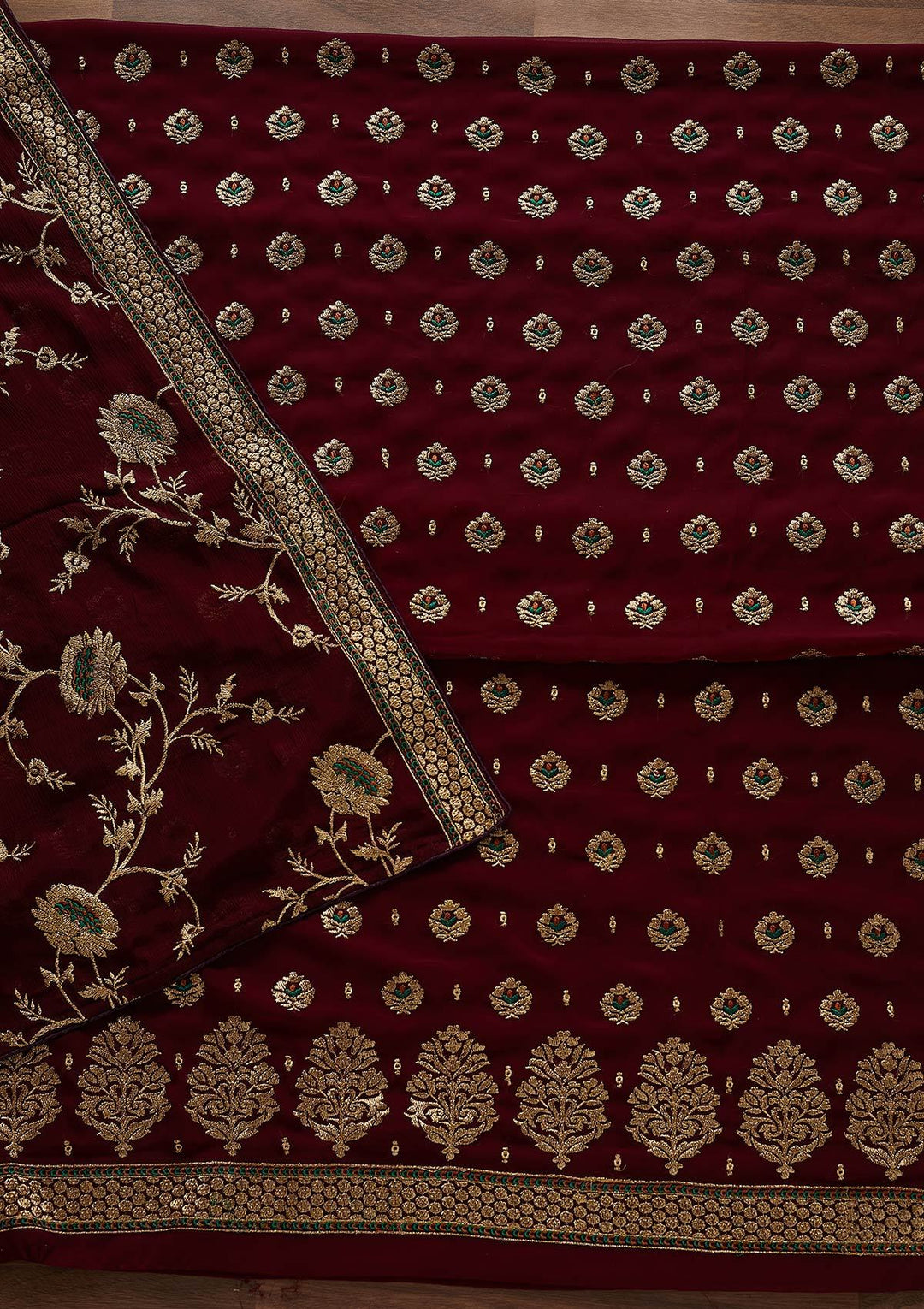 Wine Zariwork Georgette Designer Unstitched Salwar Suit - Koskii