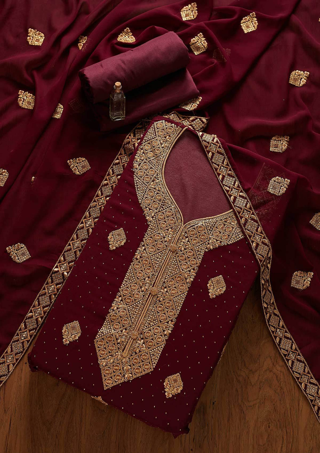 Wine Zariwork Georgette Designer Unstitched Salwar Suit - koskii