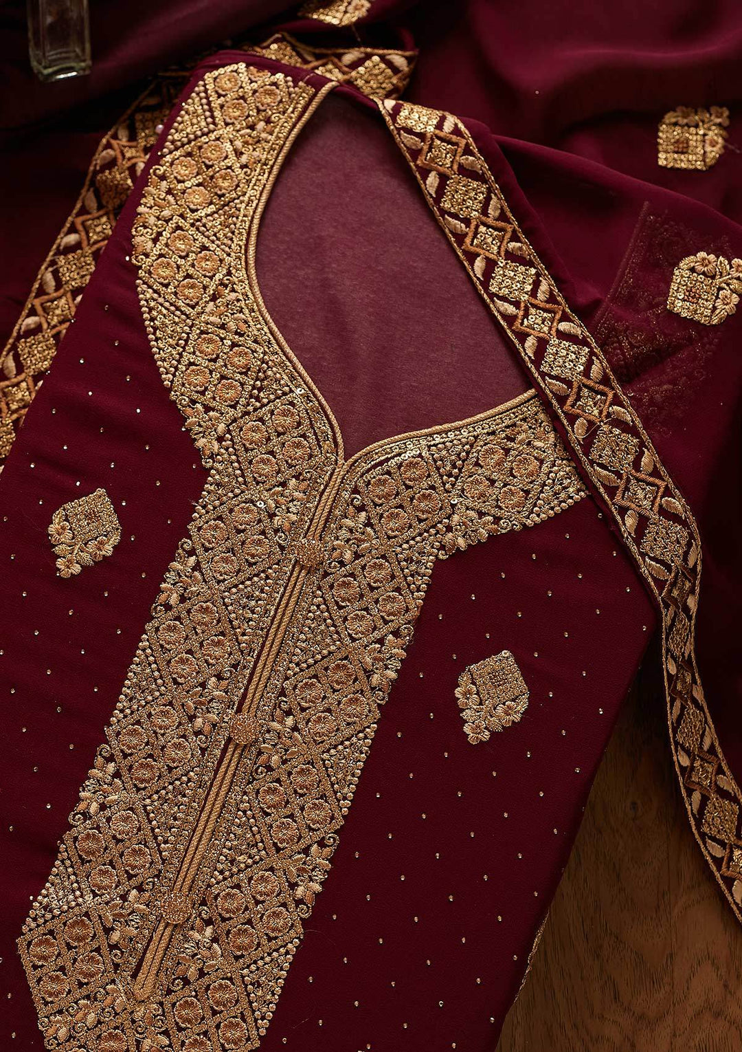 Wine Zariwork Georgette Designer Unstitched Salwar Suit - koskii