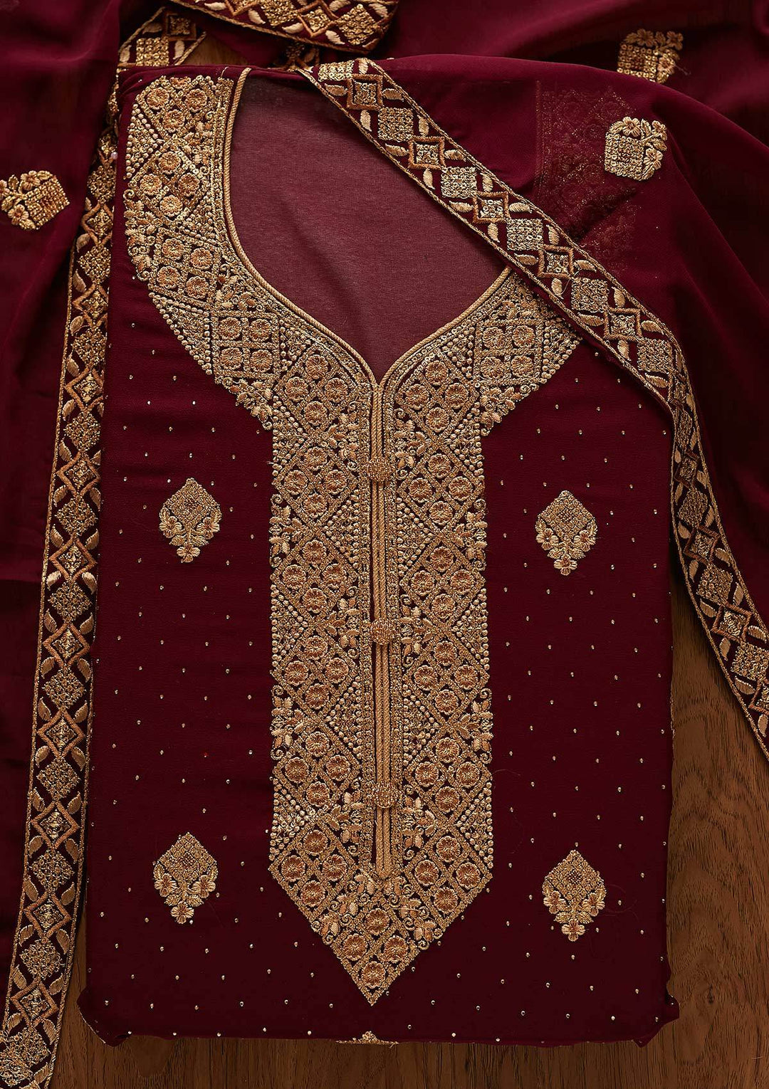 Wine Zariwork Georgette Designer Unstitched Salwar Suit - koskii