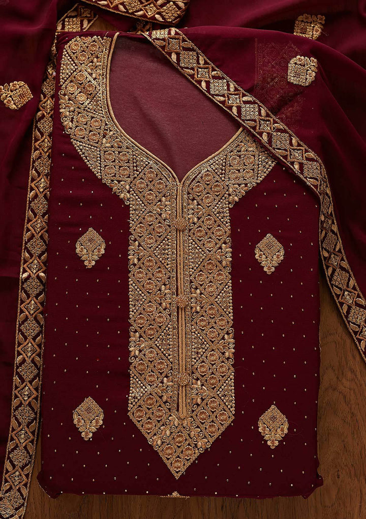 Wine Zariwork Georgette Designer Unstitched Salwar Suit - koskii