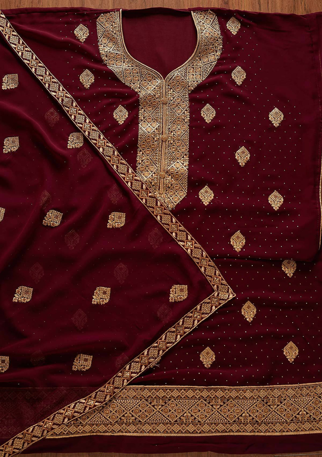 Wine Zariwork Georgette Designer Unstitched Salwar Suit - koskii