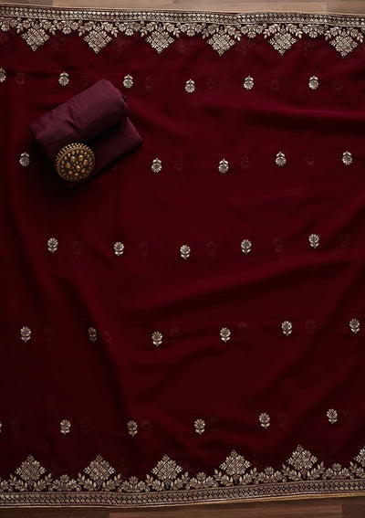 Wine Zariwork Georgette Designer Unstitched Salwar Suit - Koskii
