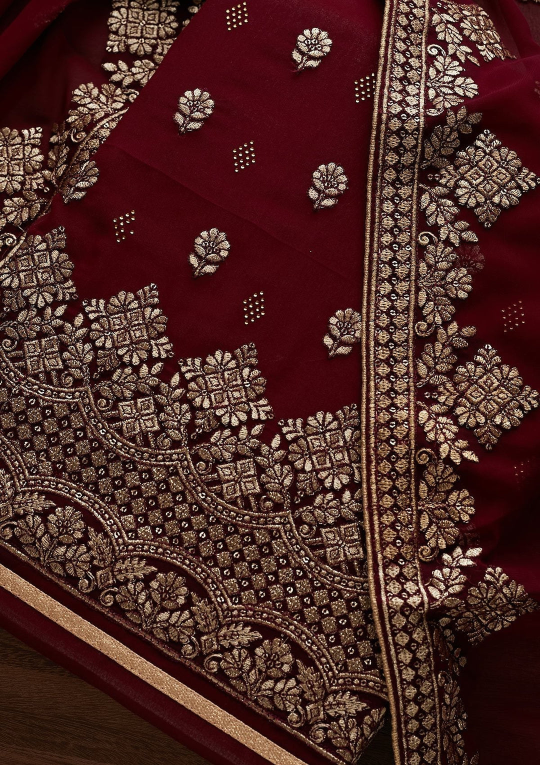 Wine Zariwork Georgette Designer Unstitched Salwar Suit - Koskii