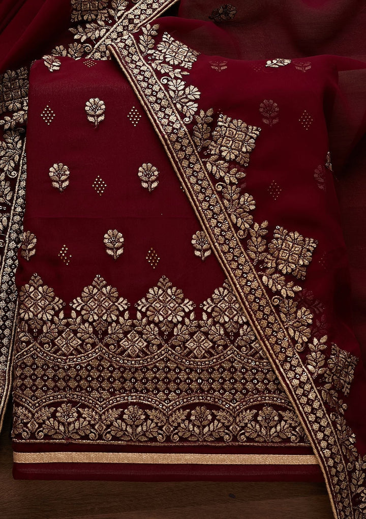Wine Zariwork Georgette Designer Unstitched Salwar Suit - Koskii
