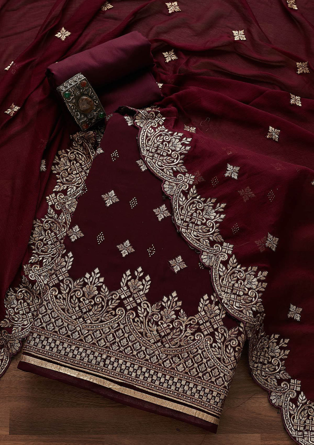 Wine Zariwork Georgette Designer Unstitched Salwar Suit - Koskii