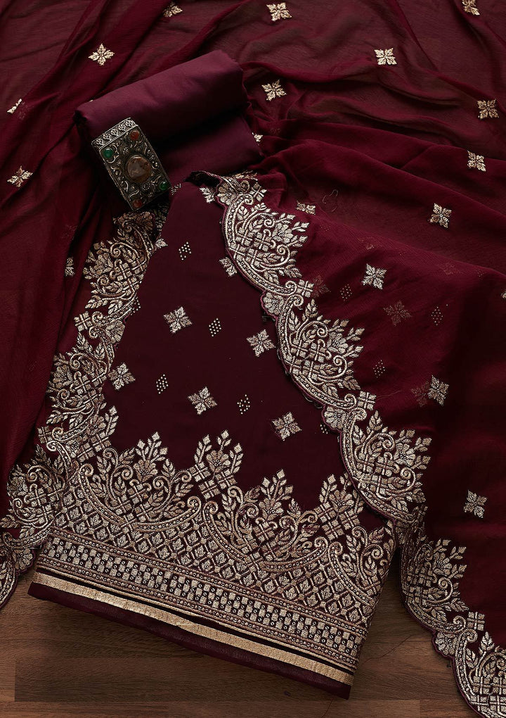 Wine Zariwork Georgette Designer Unstitched Salwar Suit - Koskii