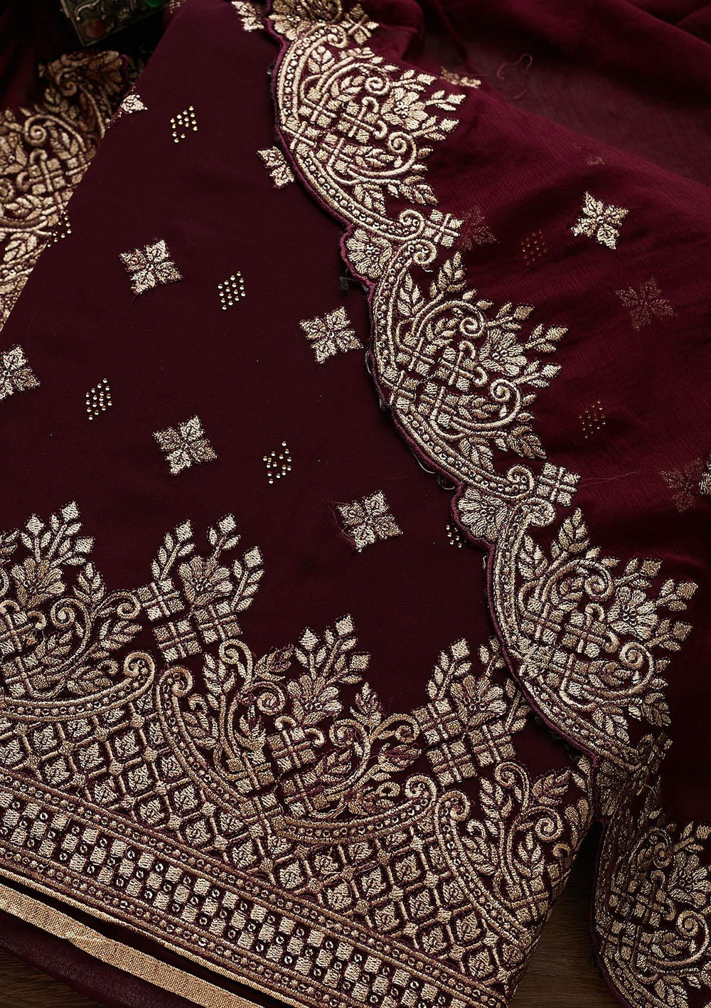 Wine Zariwork Georgette Designer Unstitched Salwar Suit - Koskii