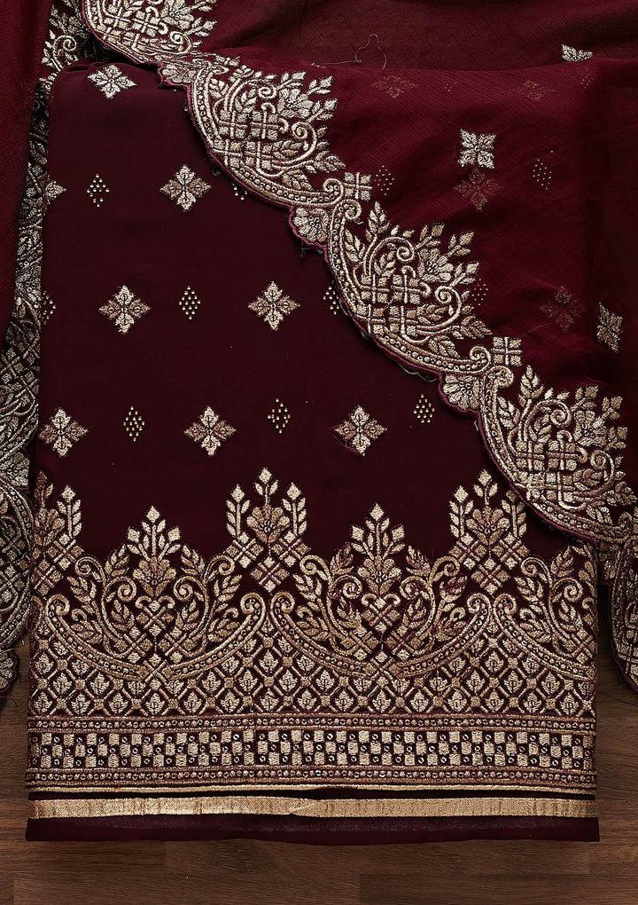 Wine Zariwork Georgette Designer Unstitched Salwar Suit - Koskii