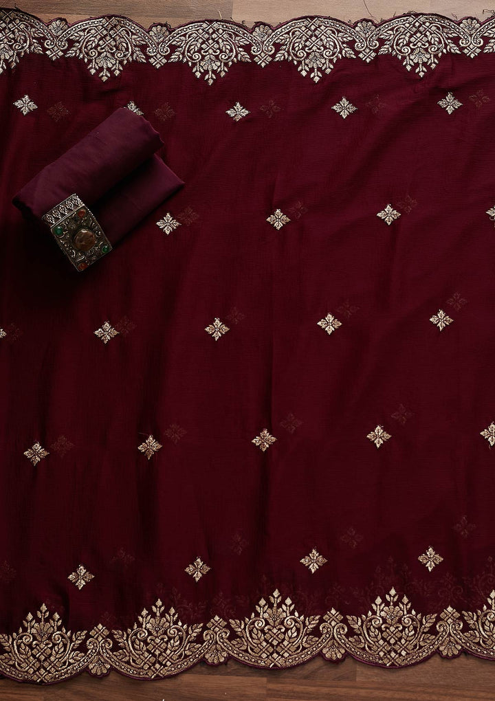 Wine Zariwork Georgette Designer Unstitched Salwar Suit - Koskii