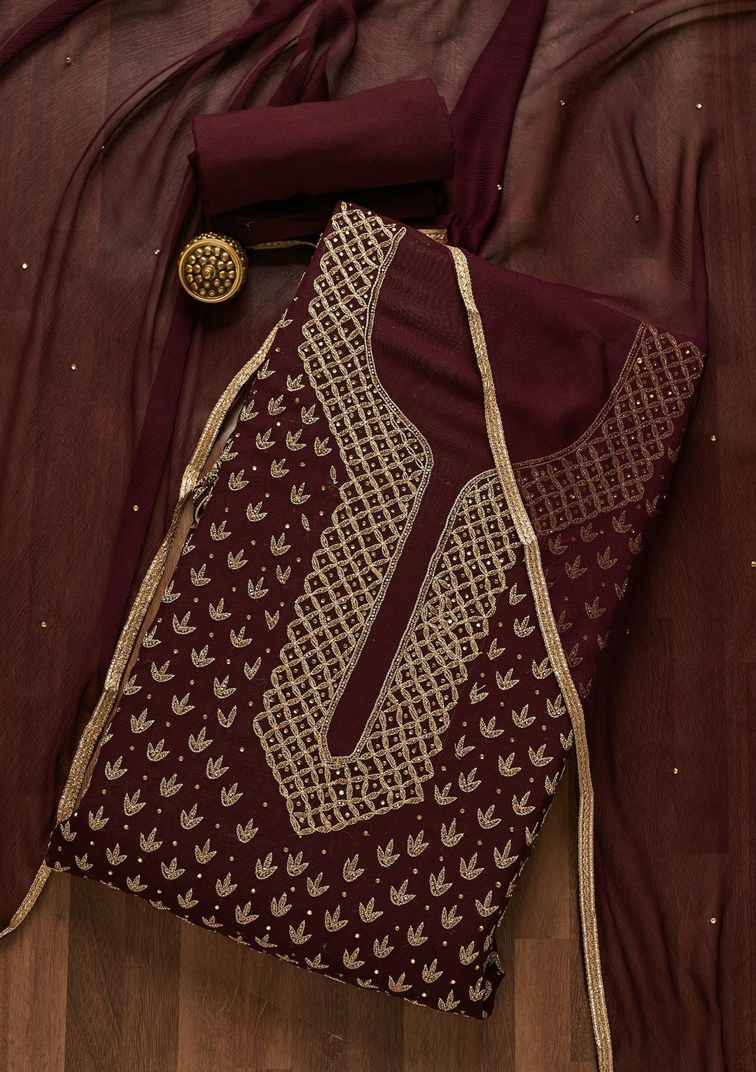 Wine Zariwork Georgette Unstitched Salwar Suit-Koskii