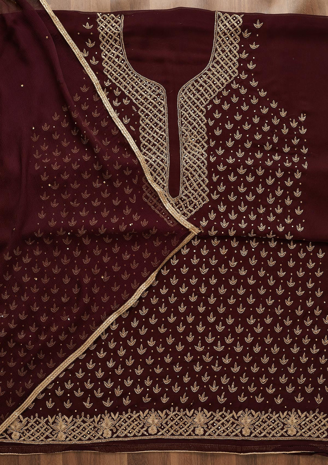 Wine Zariwork Georgette Unstitched Salwar Suit-Koskii