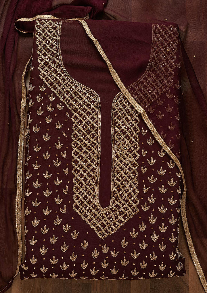 Wine Zariwork Georgette Unstitched Salwar Suit-Koskii