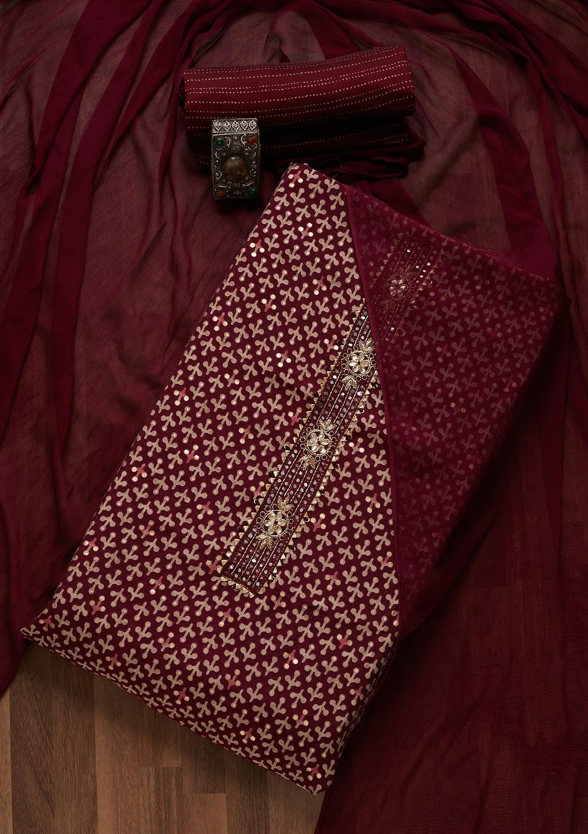 Wine Zariwork Georgette Unstitched Salwar Suit- Koskii