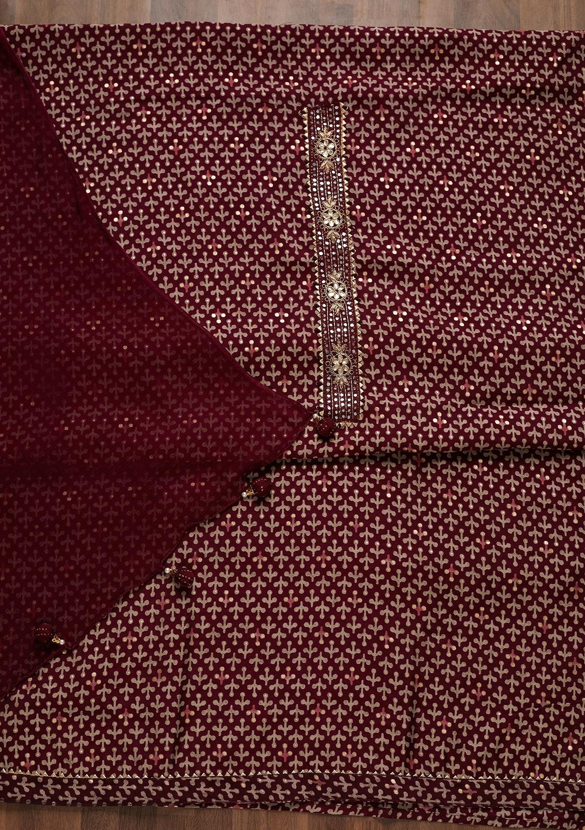 Wine Zariwork Georgette Unstitched Salwar Suit - Koskii