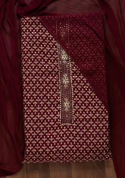 Wine Zariwork Georgette Unstitched Salwar Suit - Koskii