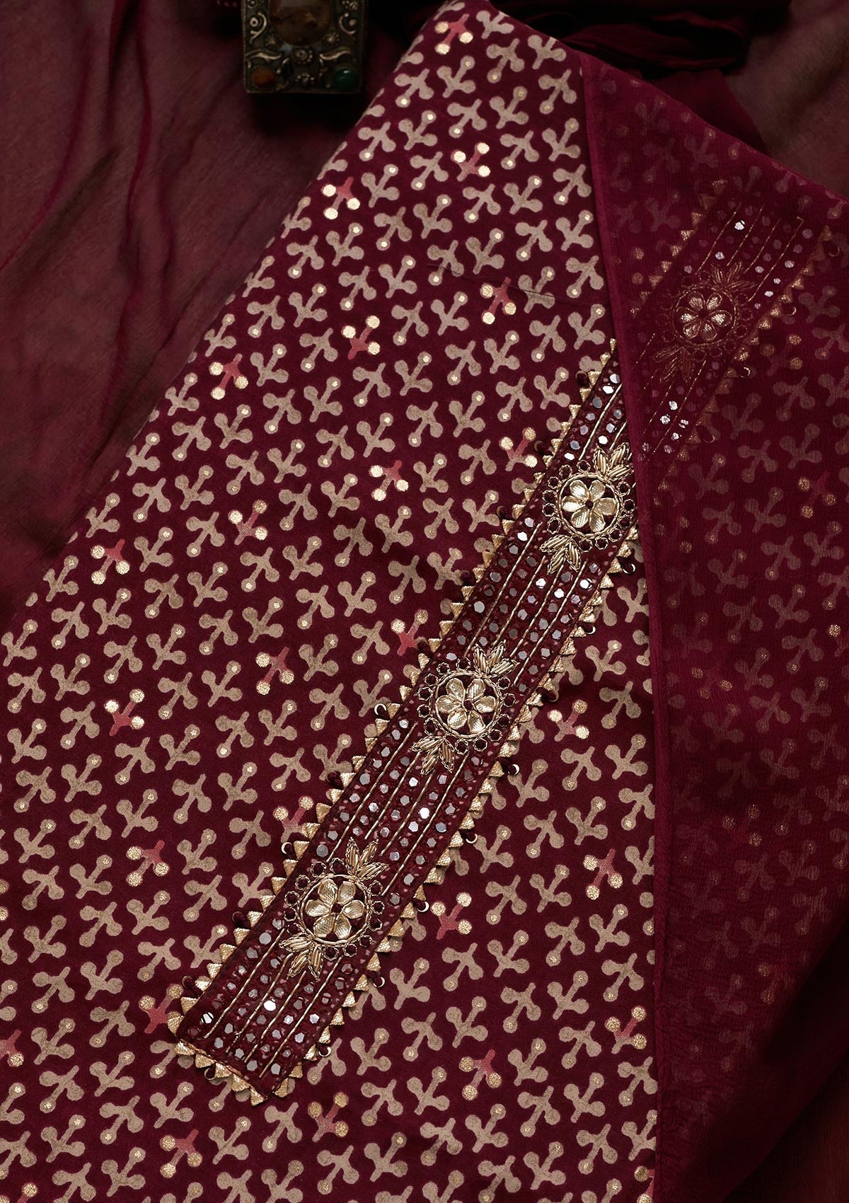 Wine Zariwork Georgette Unstitched Salwar Suit - Koskii