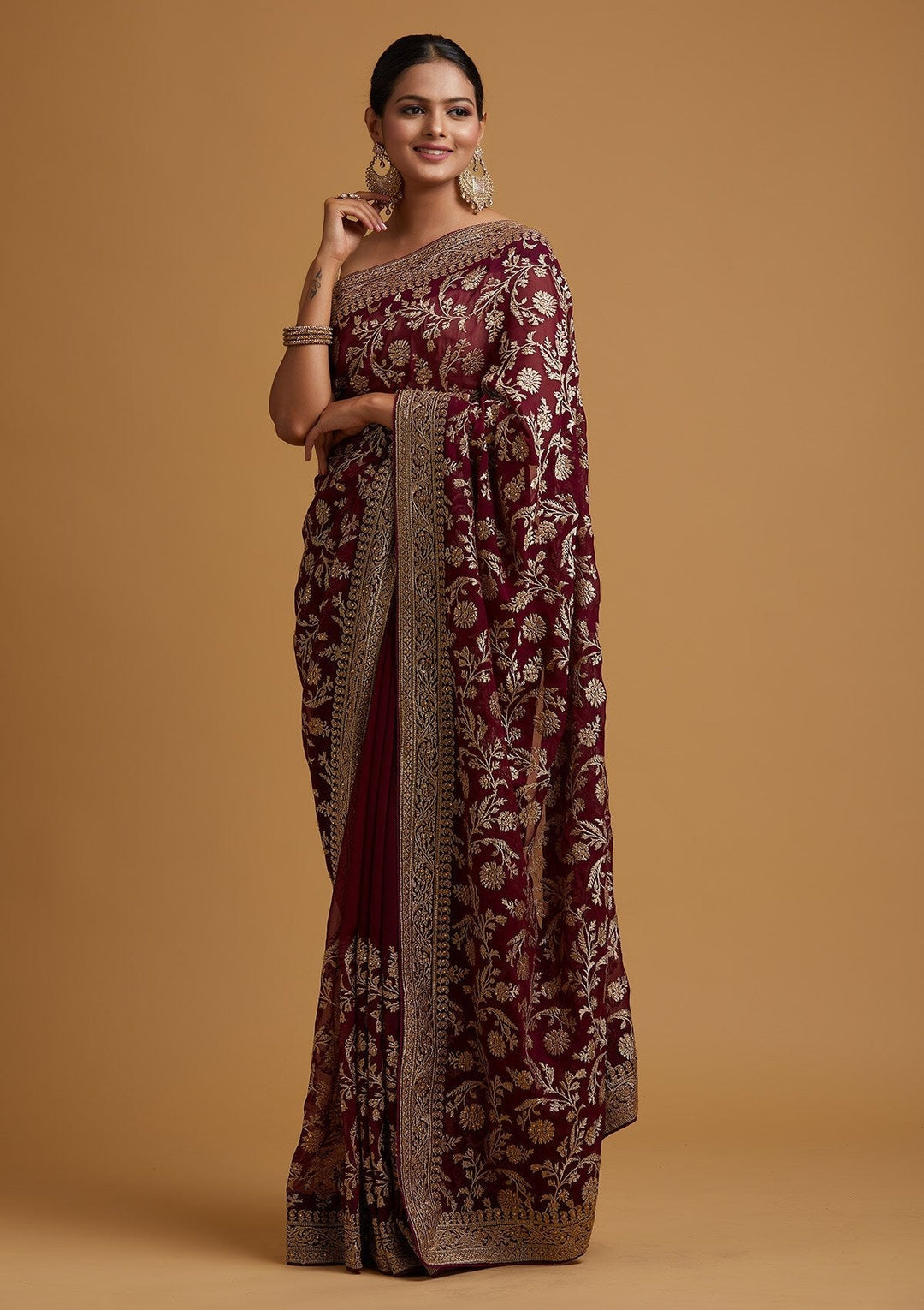 Wine Zariwork Georgette Designer Saree - koskii