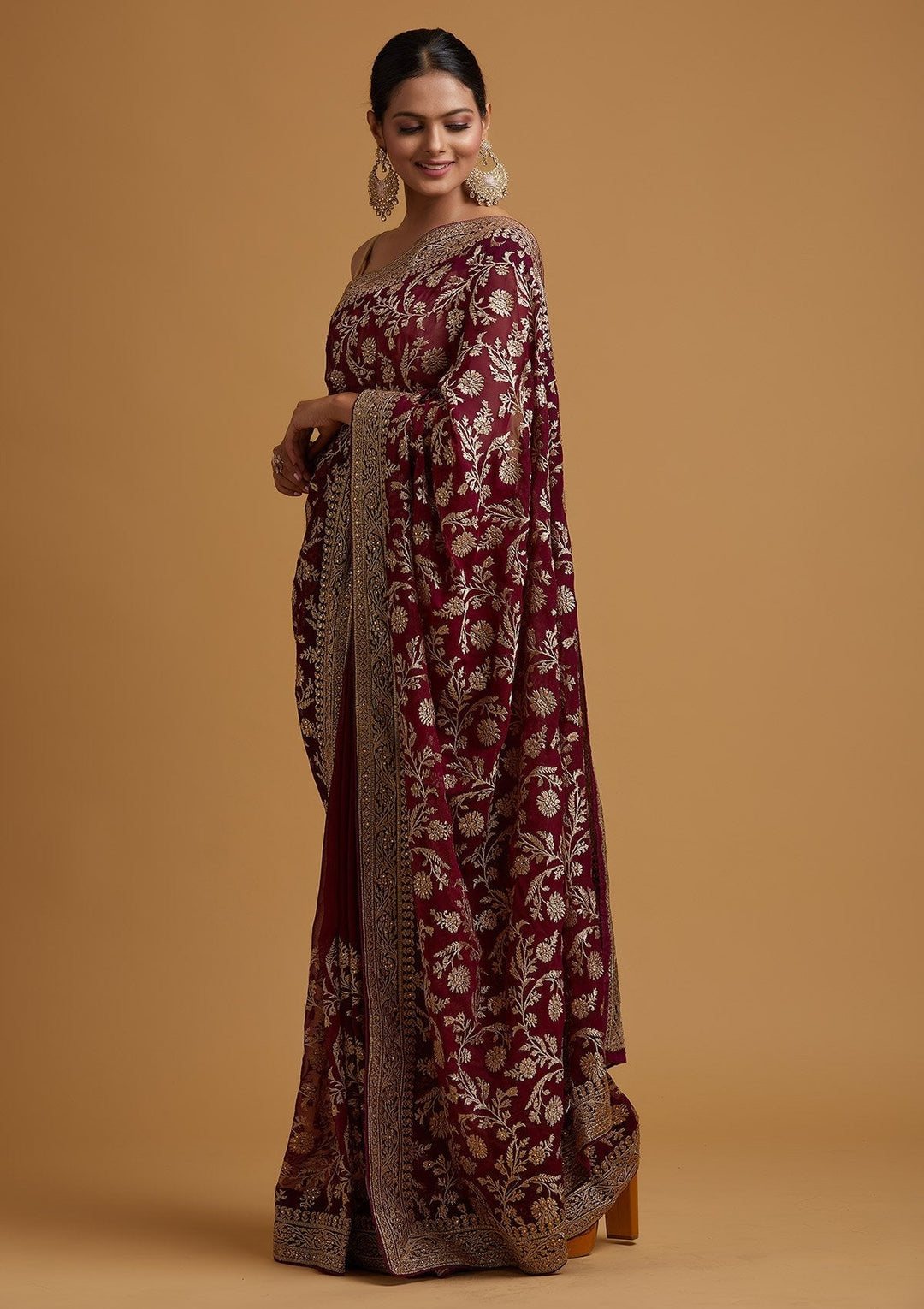 Wine Zariwork Georgette Designer Saree - koskii