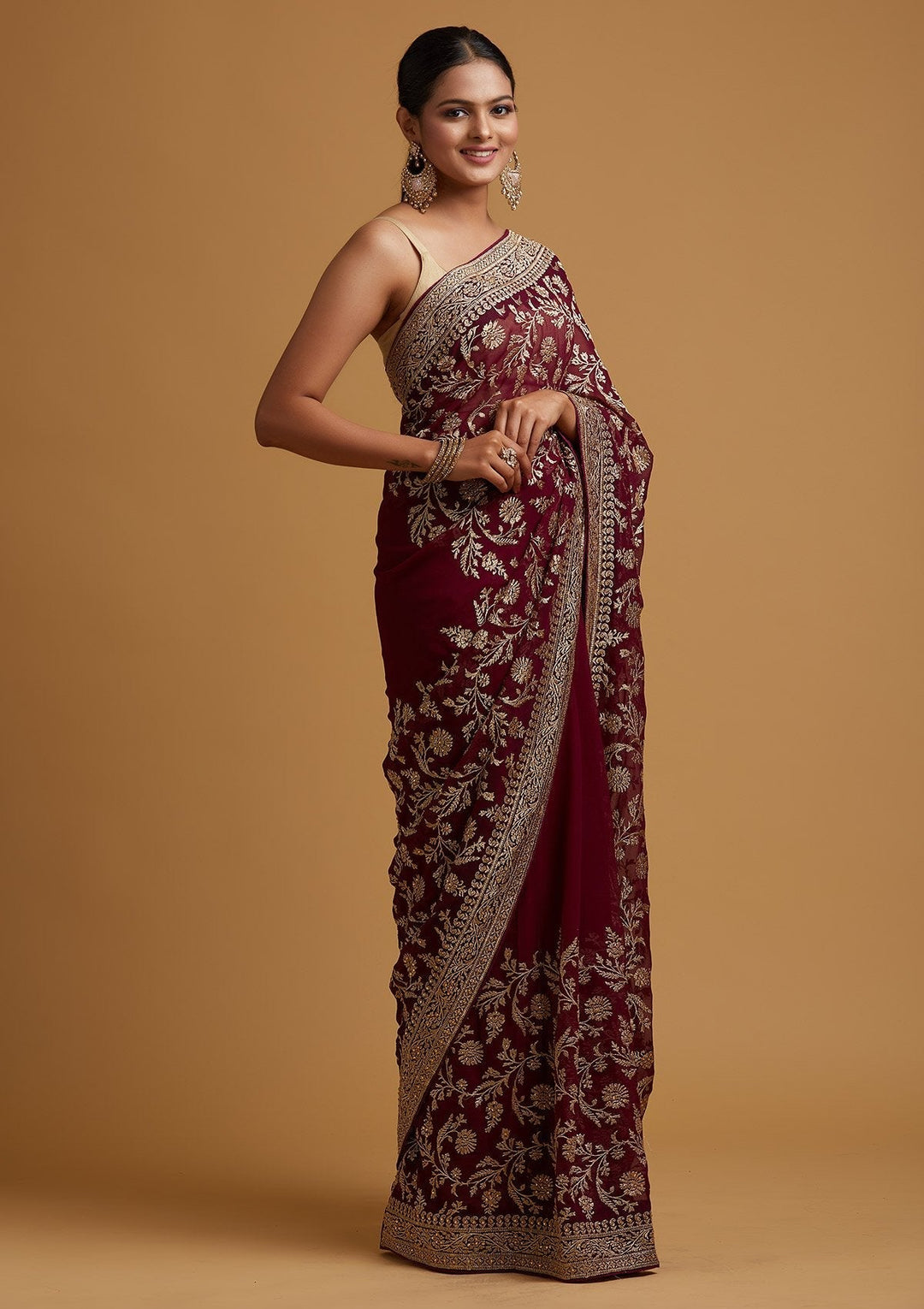 Wine Zariwork Georgette Designer Saree - koskii