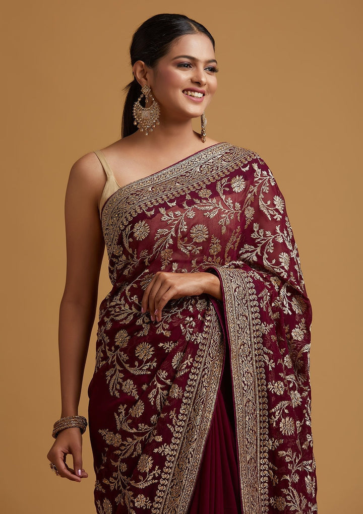 Wine Zariwork Georgette Designer Saree - koskii