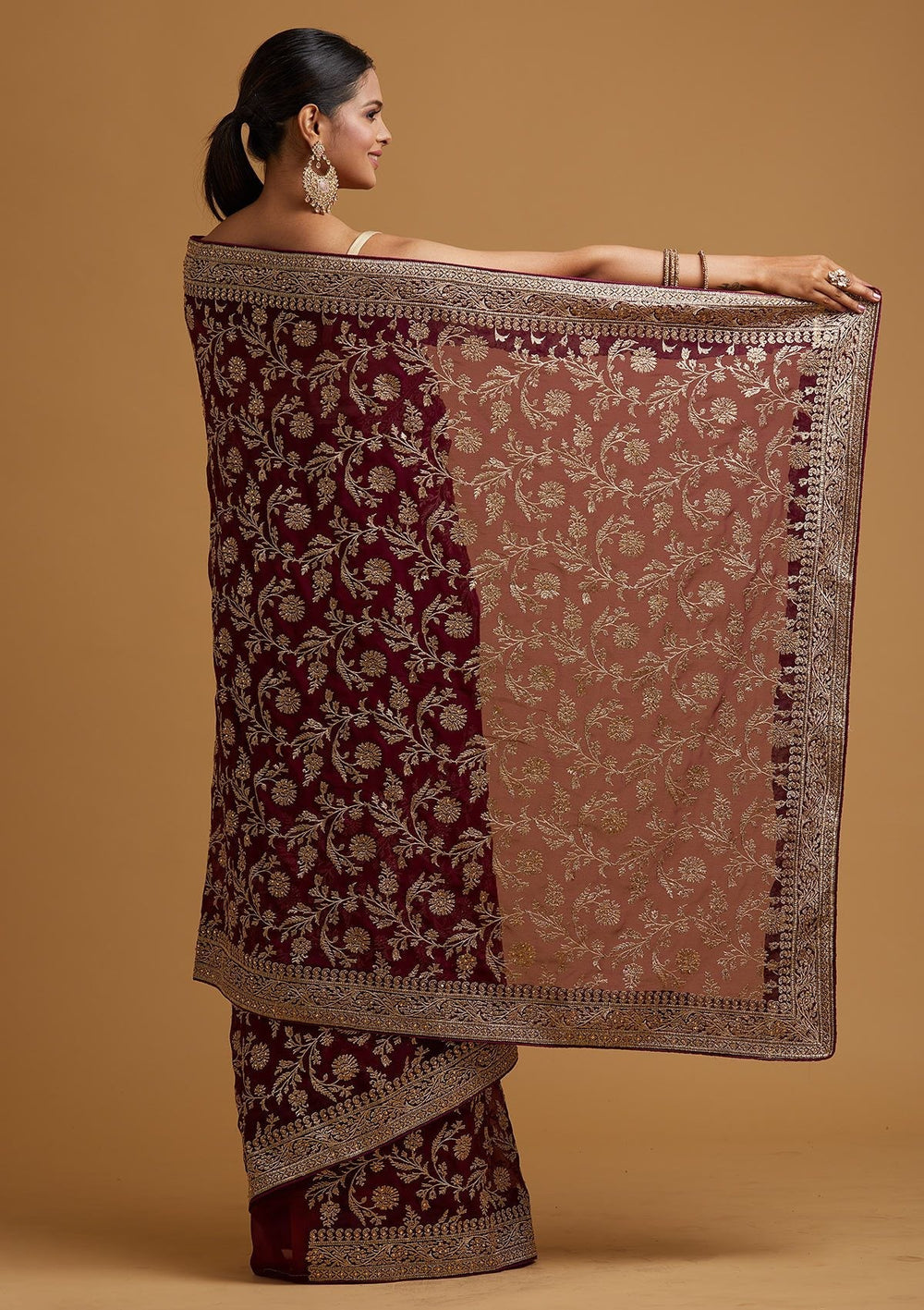 Wine Zariwork Georgette Designer Saree - koskii