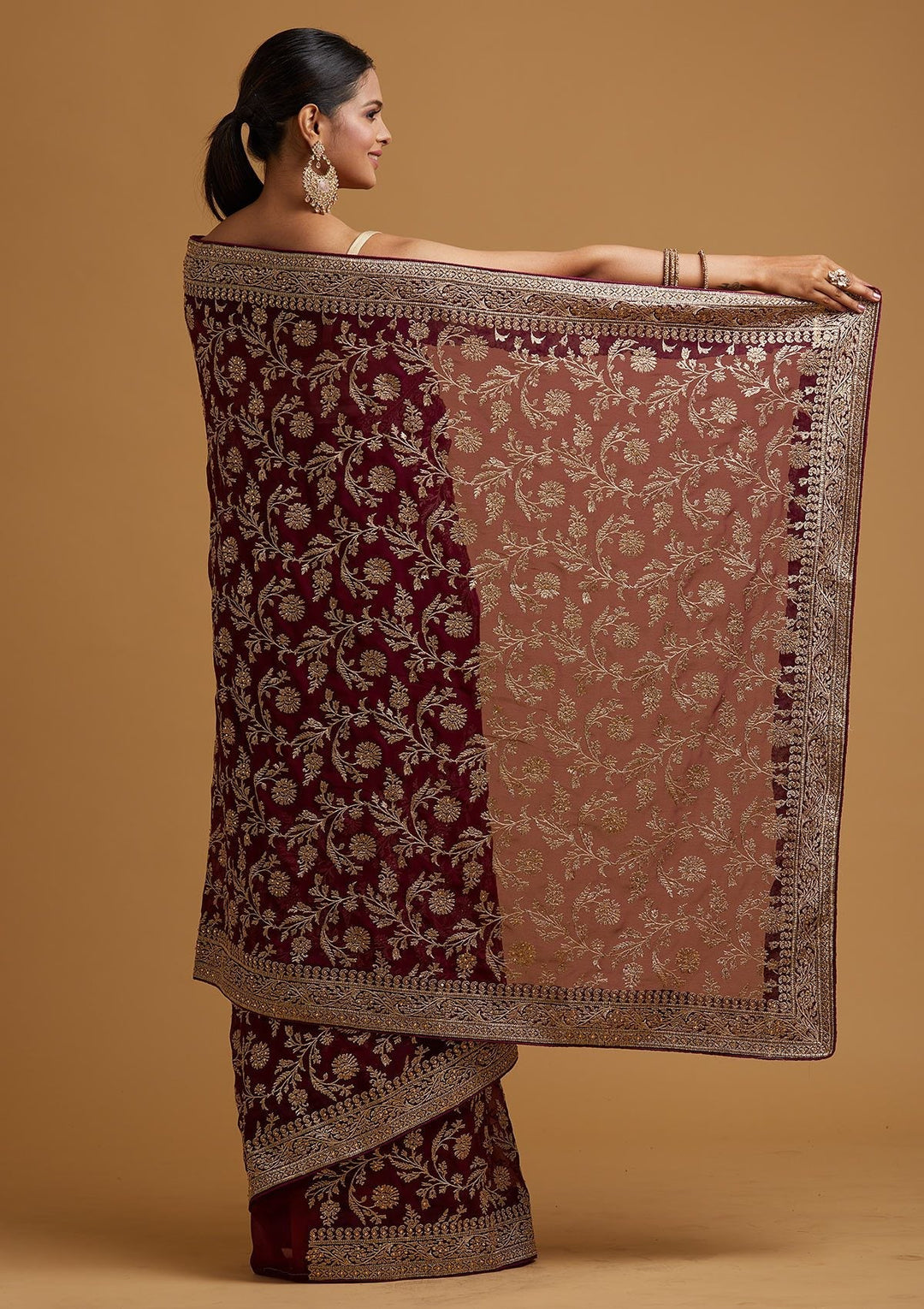 Wine Zariwork Georgette Designer Saree - koskii