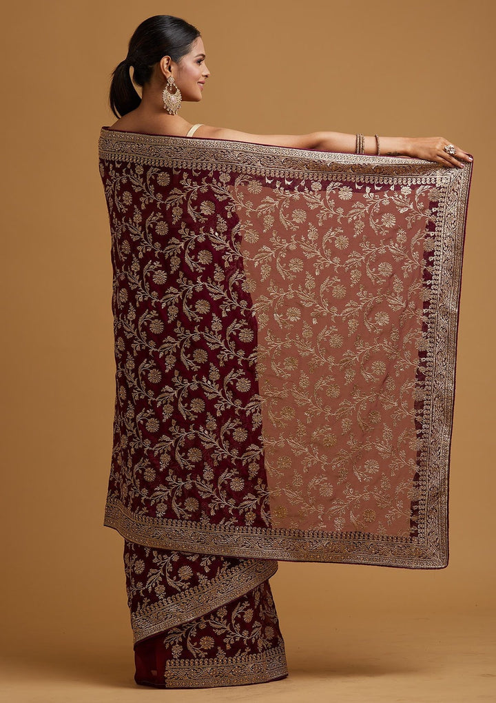 Wine Zariwork Georgette Designer Saree - koskii
