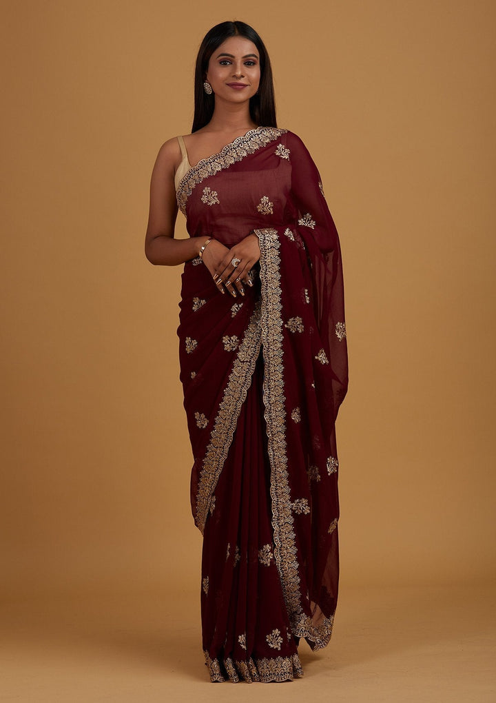 Wine Zariwork Georgette Designer Saree - Koskii