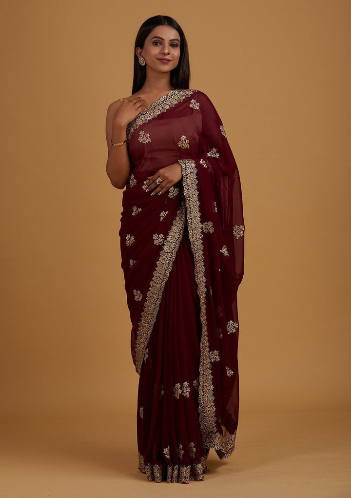 Wine Zariwork Georgette Designer Saree - Koskii