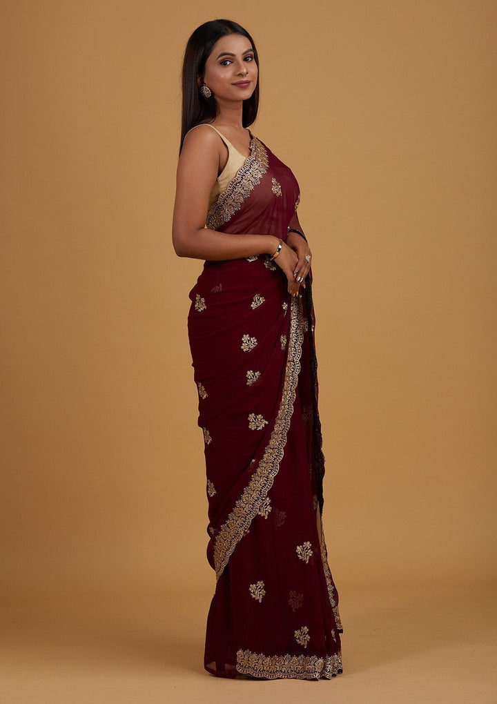 Wine Zariwork Georgette Designer Saree - Koskii