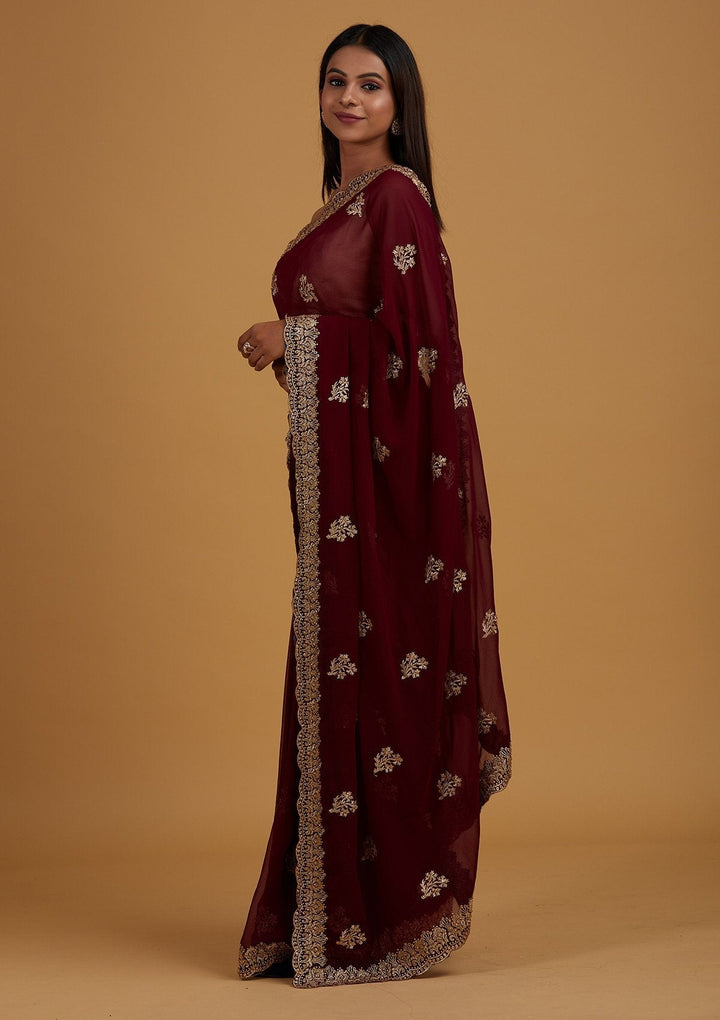 Wine Zariwork Georgette Designer Saree - Koskii