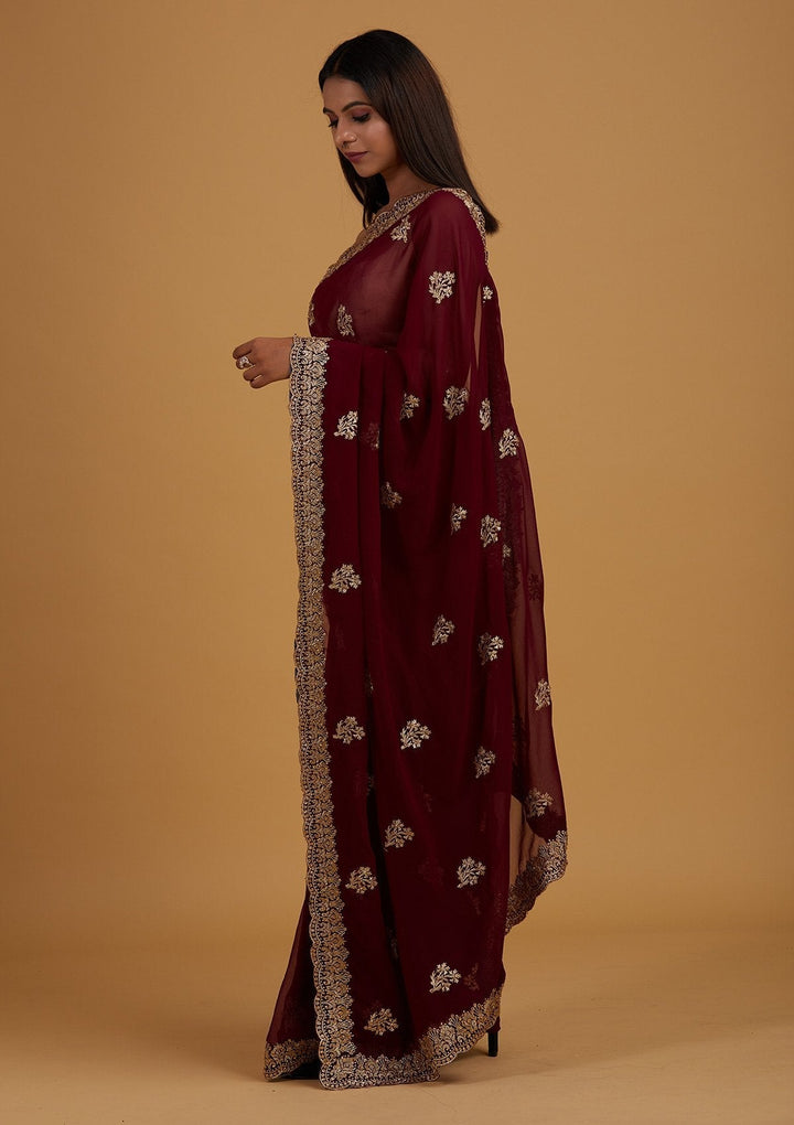 Wine Zariwork Georgette Designer Saree - Koskii