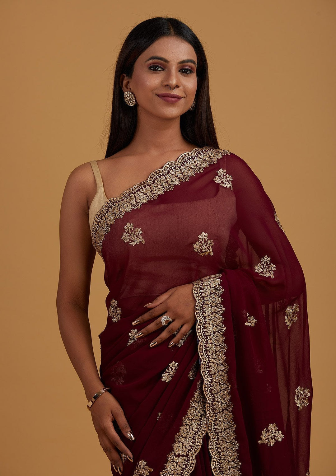 Wine Zariwork Georgette Designer Saree - Koskii