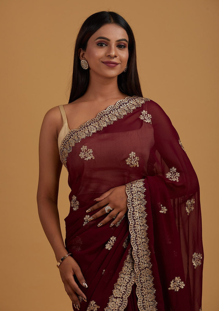 Wine Zariwork Georgette Designer Saree - Koskii
